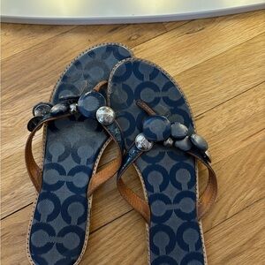 Coach Navy and Brown Logo Pattern Leather Flip Flops